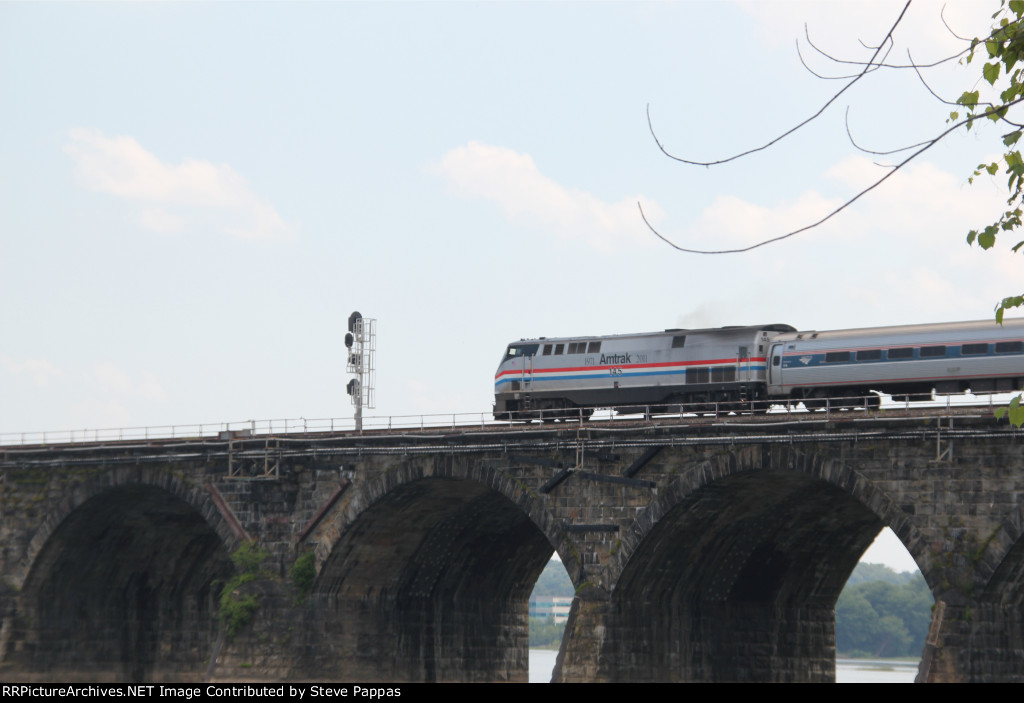 AMTK 145 leads the eastbound Pennsylvanian onto Rockville bridge